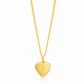 9ct Yellow Gold Etched Cross Heart Locket