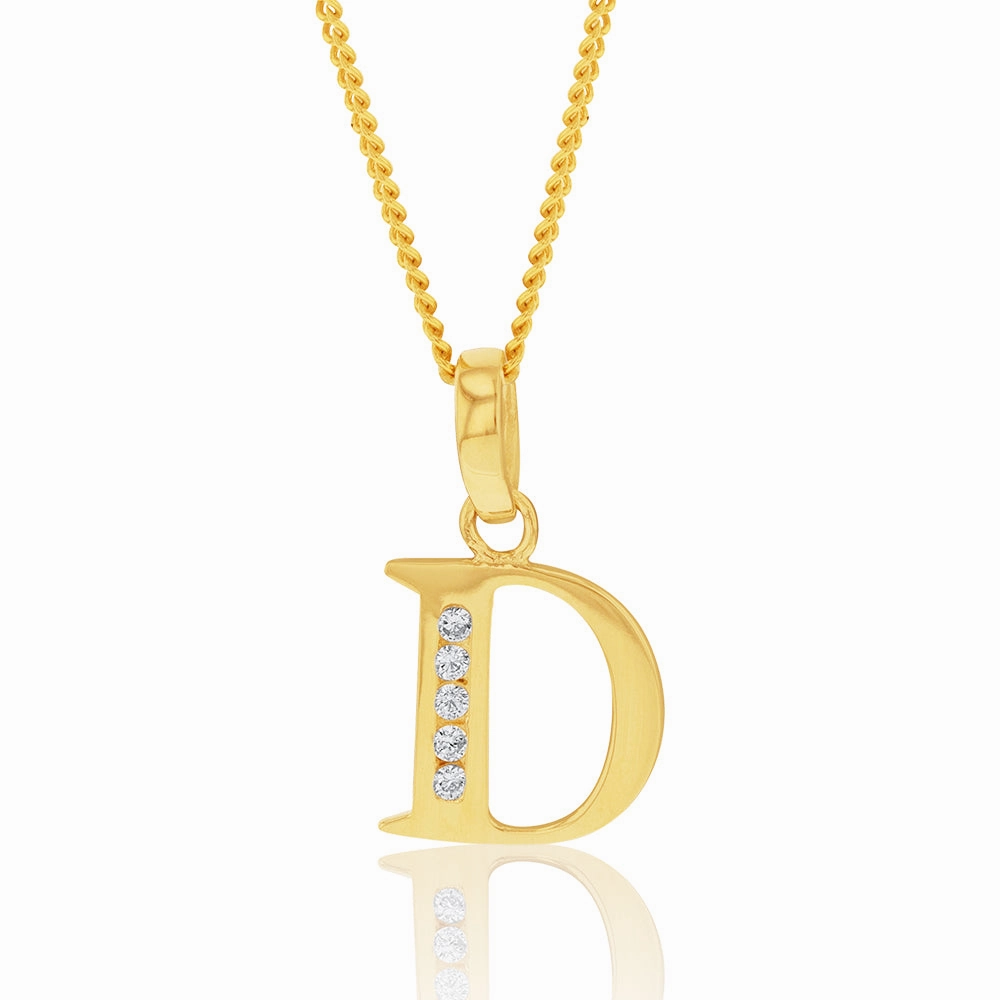 9ct Yellow Gold Inital D Zirconia Pendant