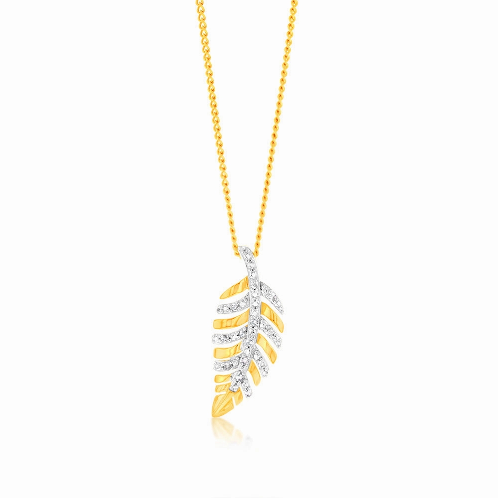 9ct Yellow Gold Leaf Shaped Diamond Pendant