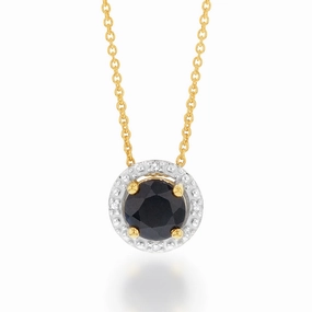 9ct Yellow Gold Natural Sapphire and Diamond Halo Pendant on 45cm Chain