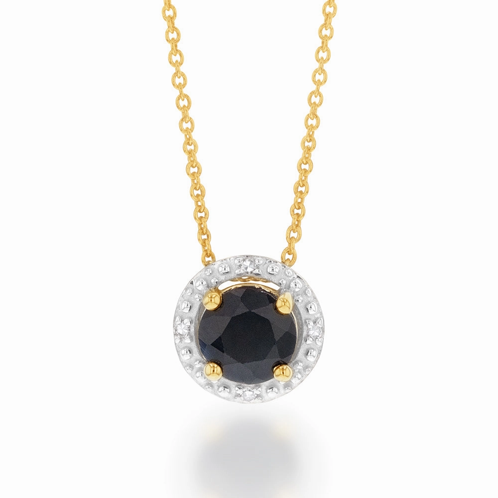 9ct Yellow Gold Natural Sapphire and Diamond Halo Pendant on 45cm Chain