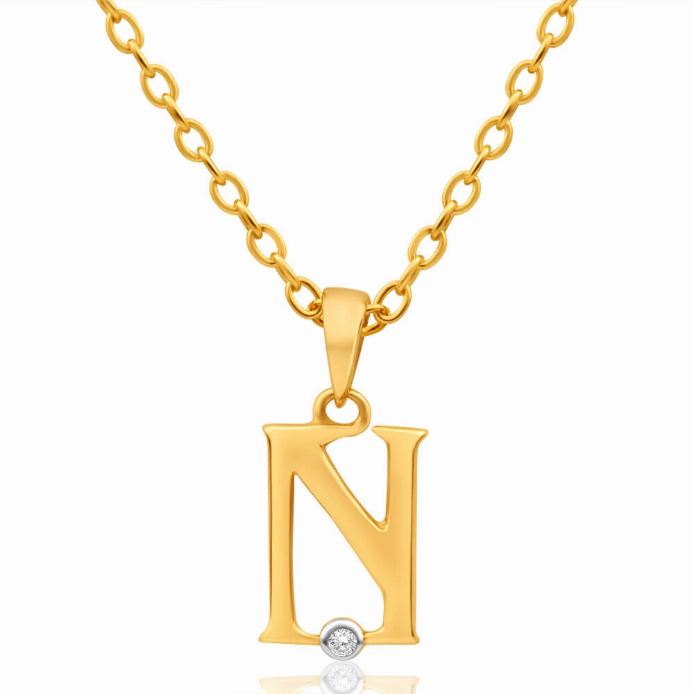 9ct Yellow Gold Pendant Initial N set with Diamond