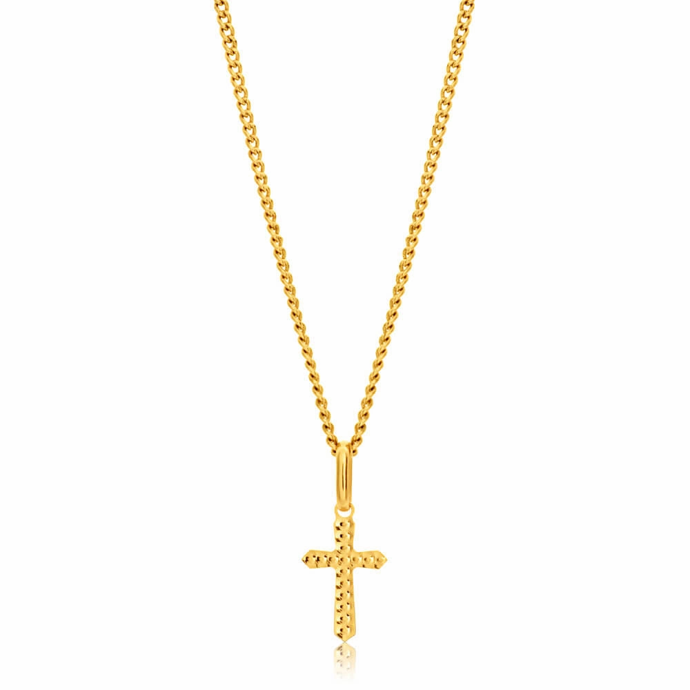9ct Yellow Gold Plain & Diamond Cut 11mm Cross Pendant