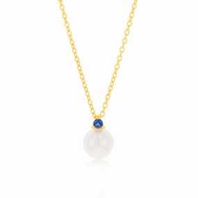 9ct Yellow Gold Sapphire Blue Zirconia And Fresh Water Pearl Pendant On Chain