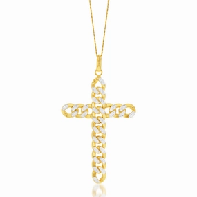 9ct Yellow Gold Silverfilled Diamond Cut Curb Link Cross Pendant