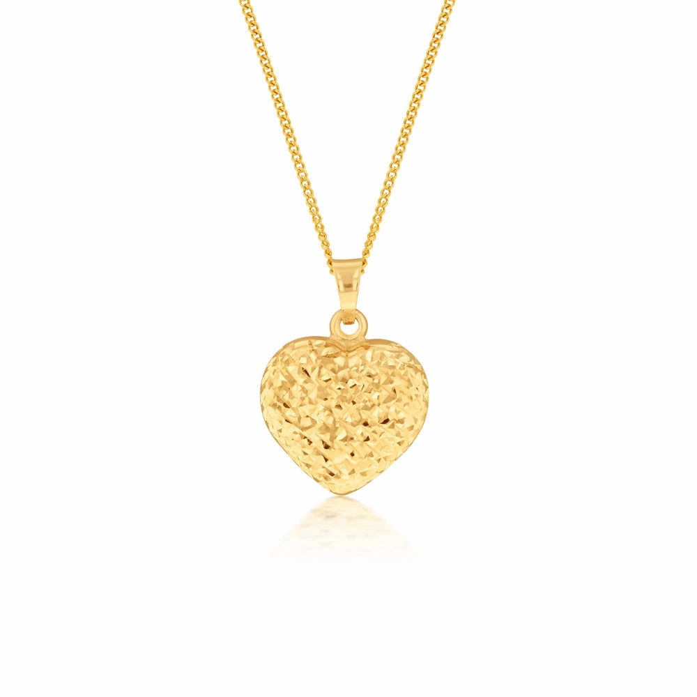 9ct Yellow Gold Textured Diamond Cut Heart Pendant