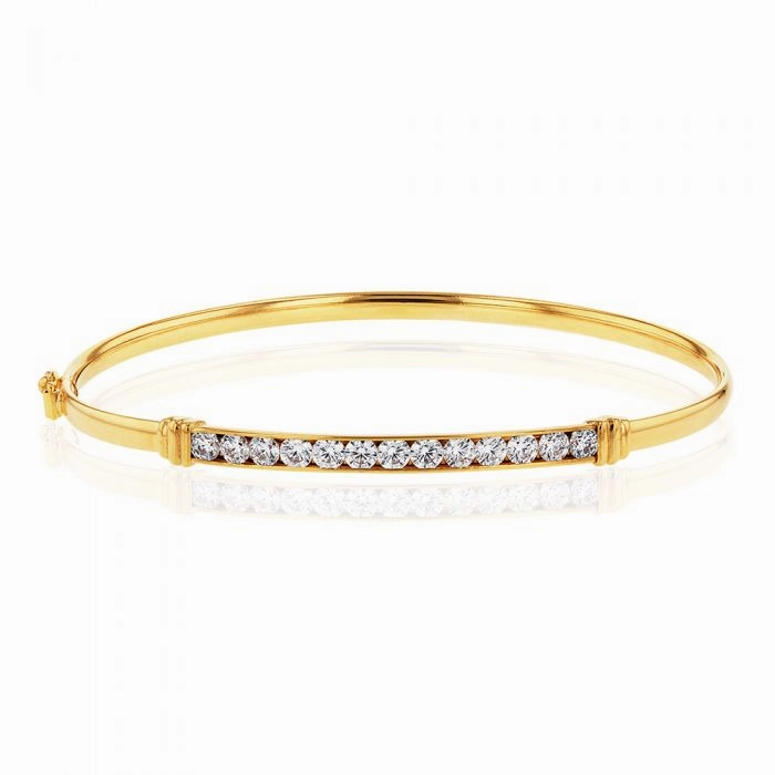 9ct Yellow Gold Zirconia Channel Set Bar Hinged Bangle