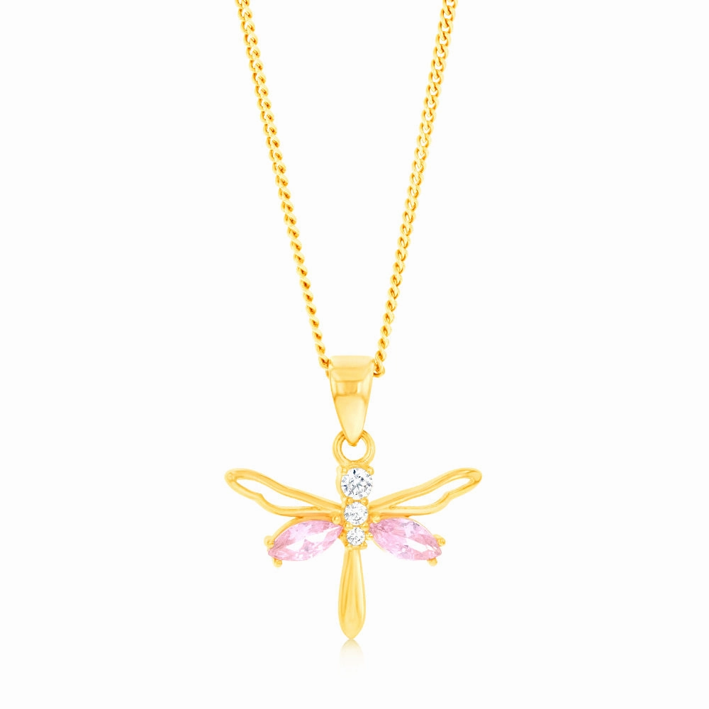 9ct Yellow Gold Zirconia Pink Dragonfly Pendant
