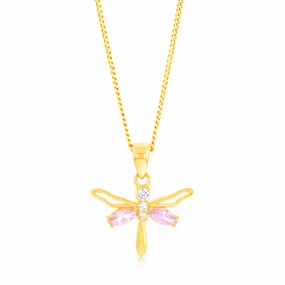9ct Yellow Gold Zirconia Pink Dragonfly Pendant
