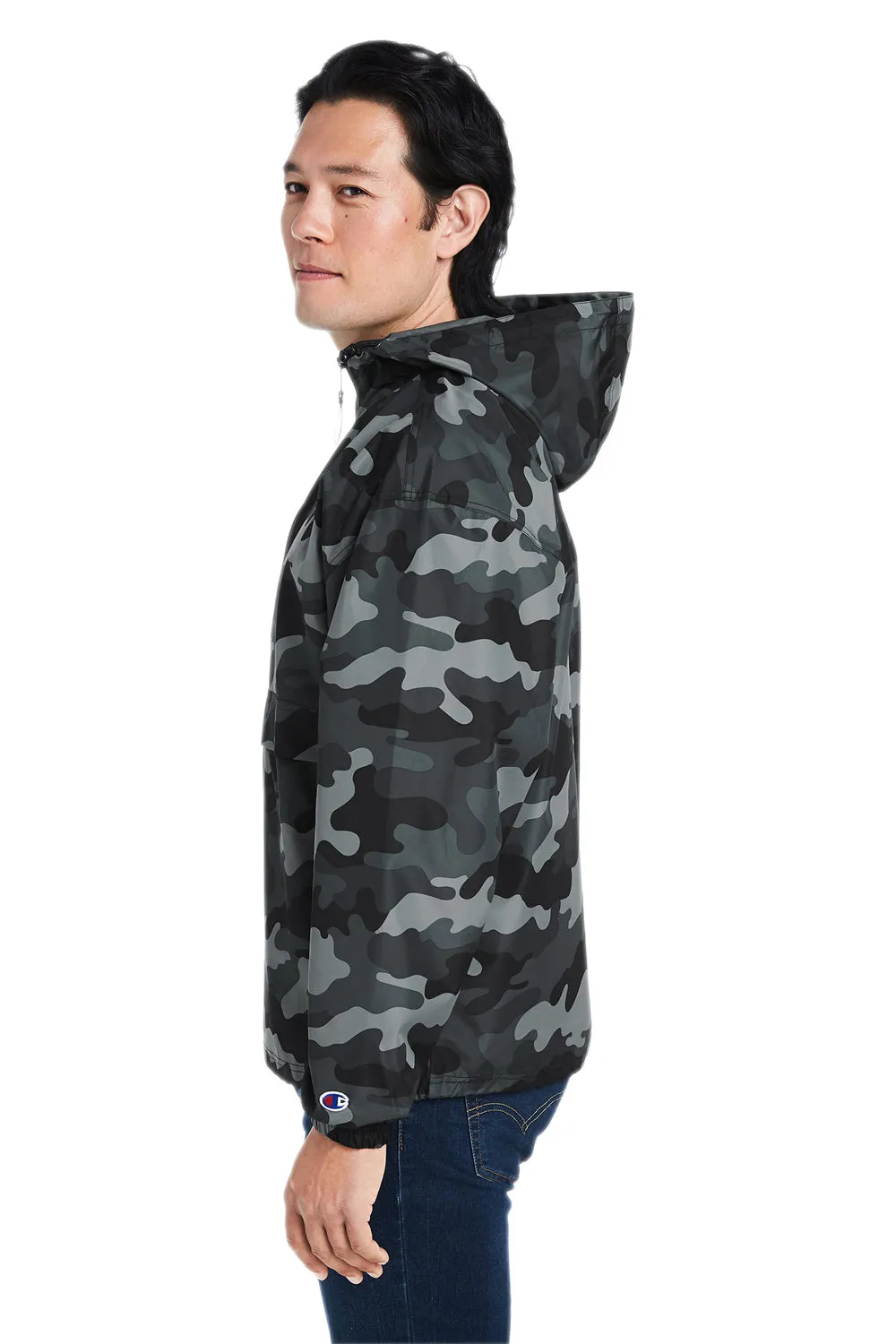 Champion Mens Packable Wind & Water Resistant Anorak 1/4 Zip Hooded Jacket - Concrete Grey Camo