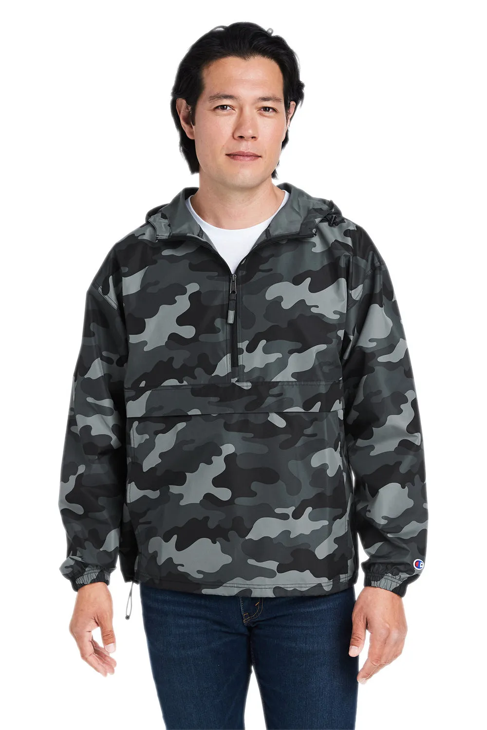 Champion Mens Packable Wind & Water Resistant Anorak 1/4 Zip Hooded Jacket - Concrete Grey Camo