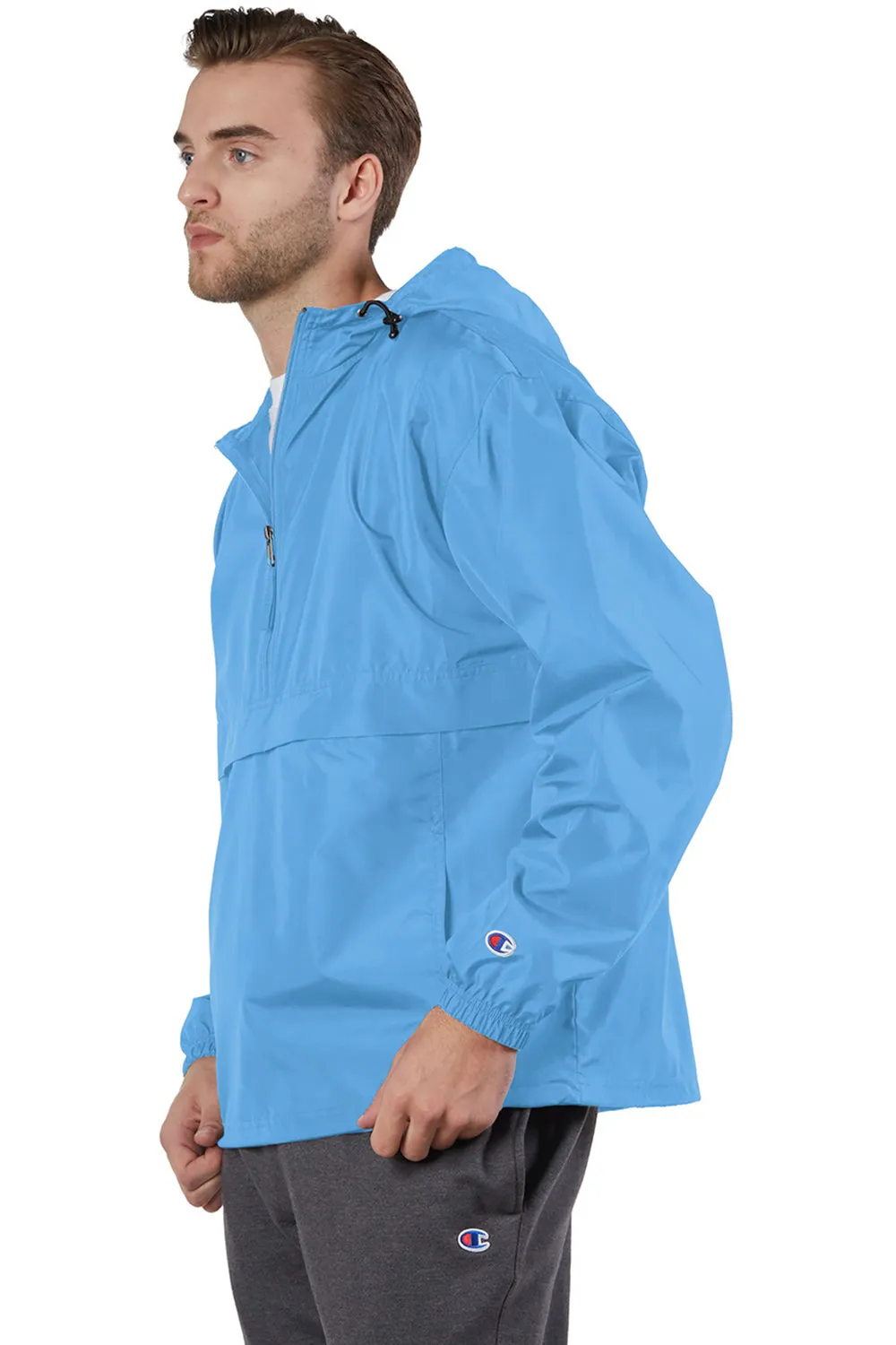 Champion Mens Packable Wind & Water Resistant Anorak 1/4 Zip Hooded Jacket - Light Blue
