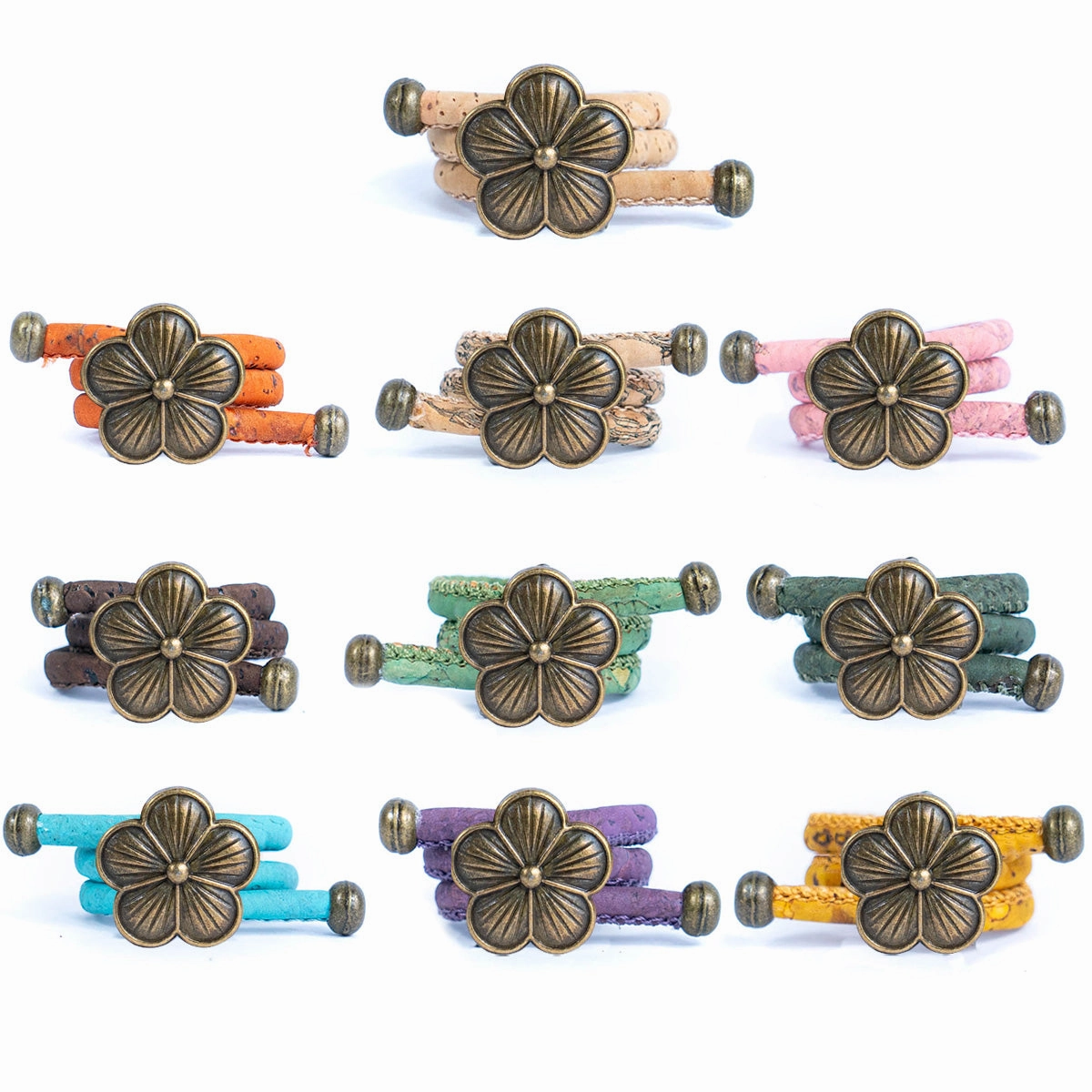 Colored cork line and bronze Flowers alloy hardware handmade women's ring  RW-044-MIX-10