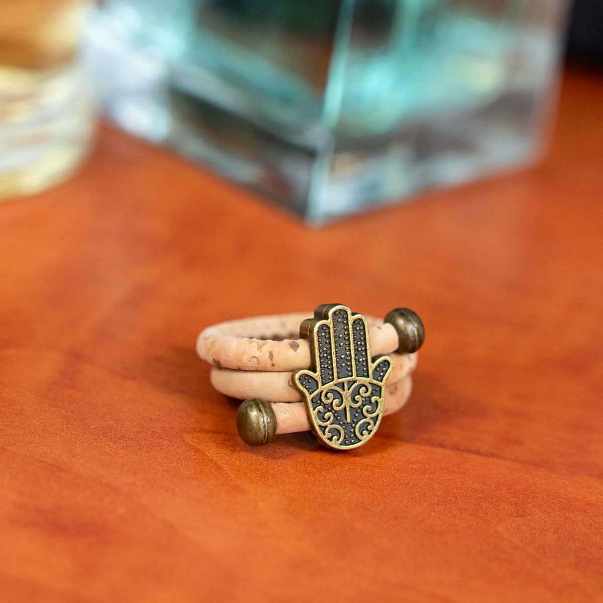 Colored cork line and bronze Hand of Fatima alloy hardware handmade women's ring  RW-047-MIX-10