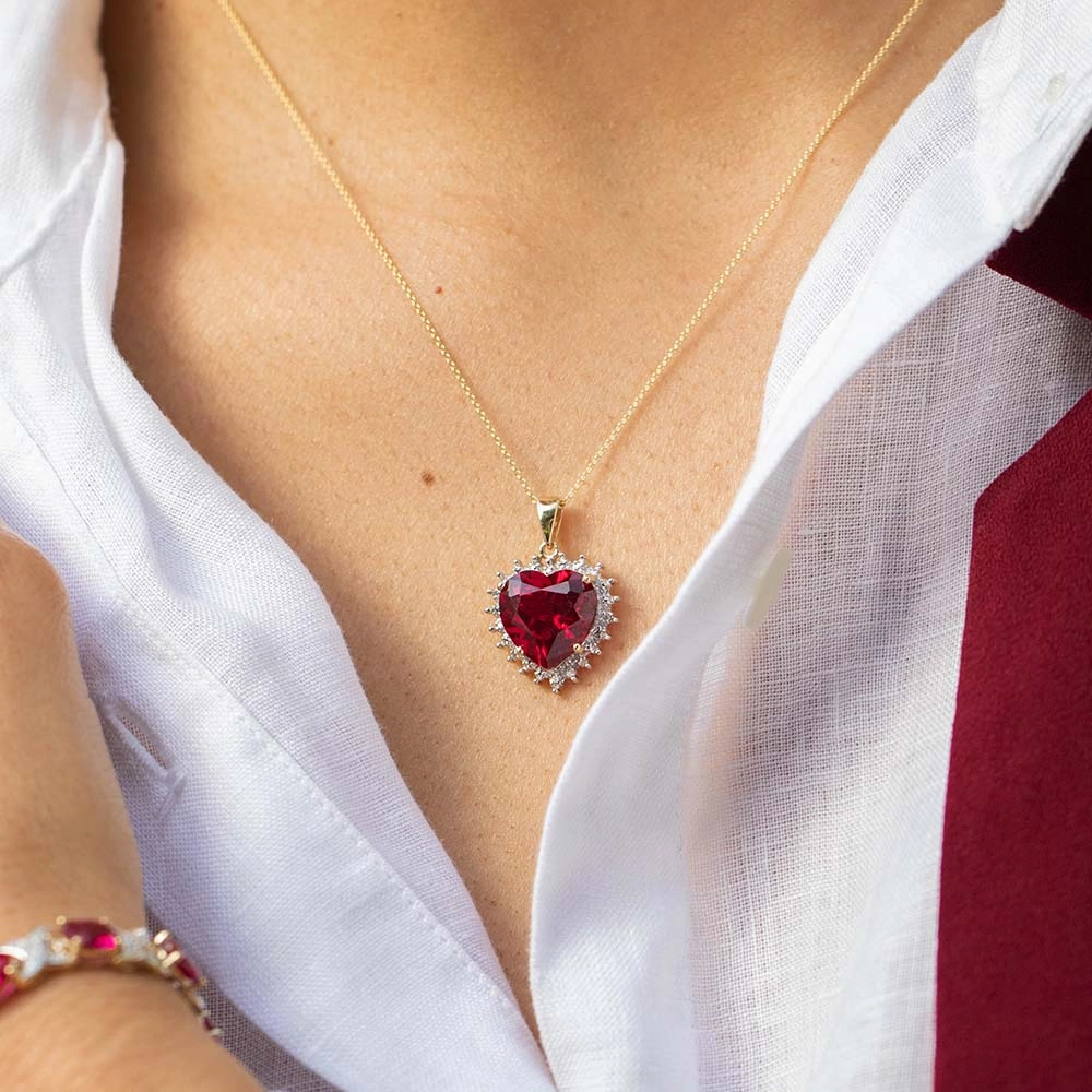Created Ruby and Diamond Heart Pendant in 9ct Yellow Gold
