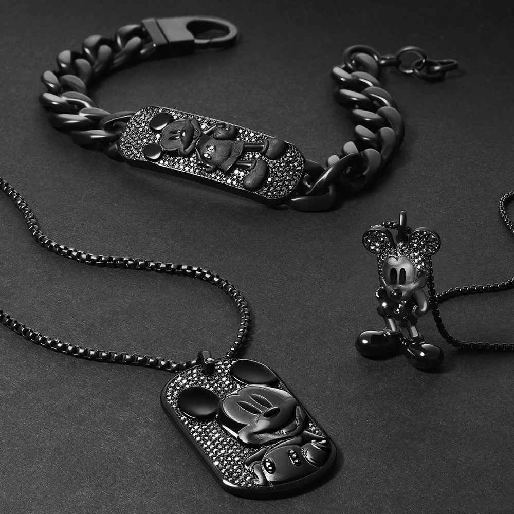 Disney Mickey Mouse Black Plated Stainless Steel 3D Pendant on Chain 100th Disney Anniversary