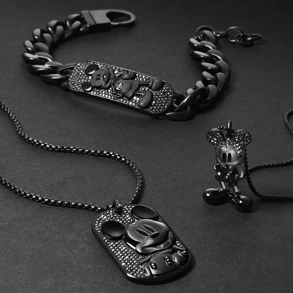Disney Mickey Mouse Black Plated Stainless Steel 3D Pendant on Chain 100th Disney Anniversary
