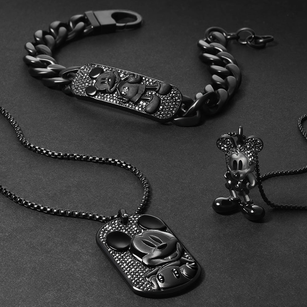 Disney Mickey Mouse Black Tone Stainless Steel Dog Tag Pendant On Chain 100th Disney Anniversary