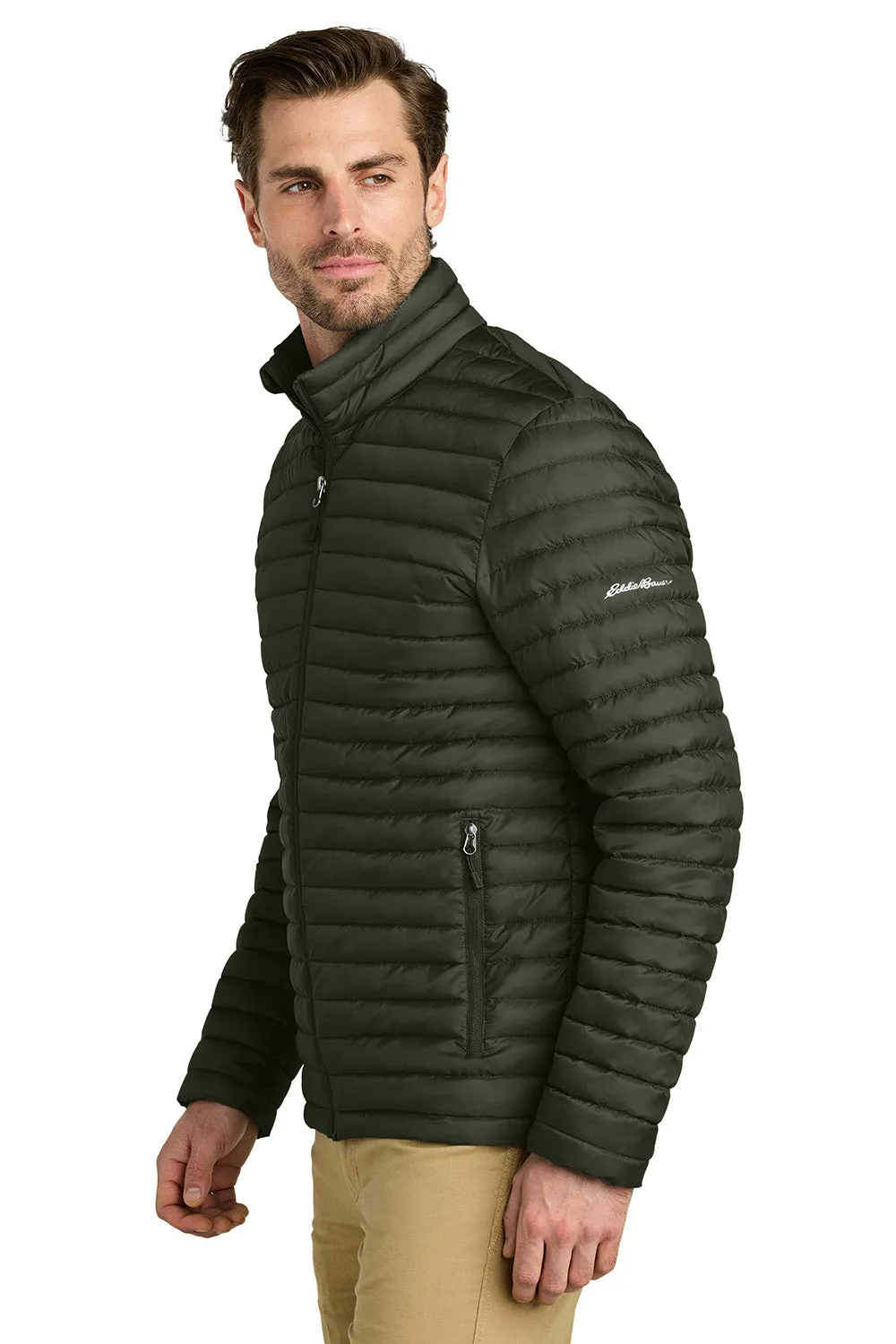 Eddie Bauer Mens Packable Quilted Water Resistant Full Zip Jacket - Olive Green