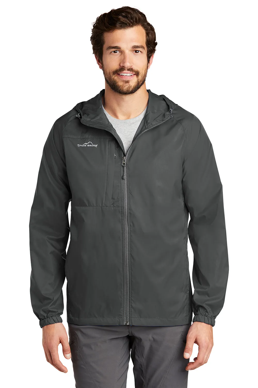 Eddie Bauer Mens Packable Wind Resistant Full Zip Hooded Jacket - Steel Grey  Exquisite Clothing Eddie-Bauer