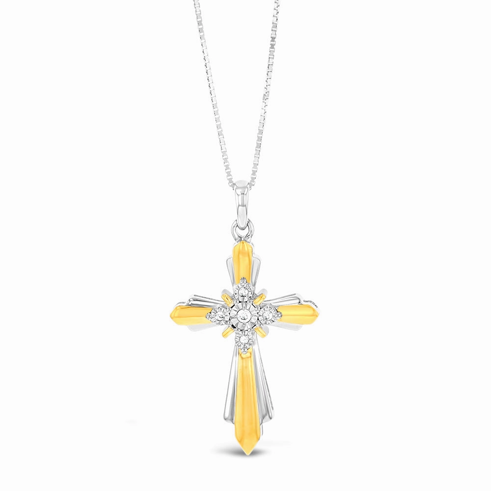 Gold Plated Sterling Silver Cross Diamond Pendant with 5 Round Diamonds on 46cm Chain