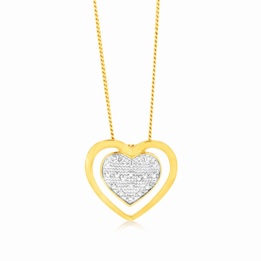 Gold Plated Sterling Silver Double Heart 0.05Ct Diamond Pendant