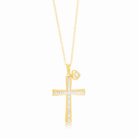 Gold Plated Sterling Silver Religious Cross and Heart Pendant on 46cm Chain