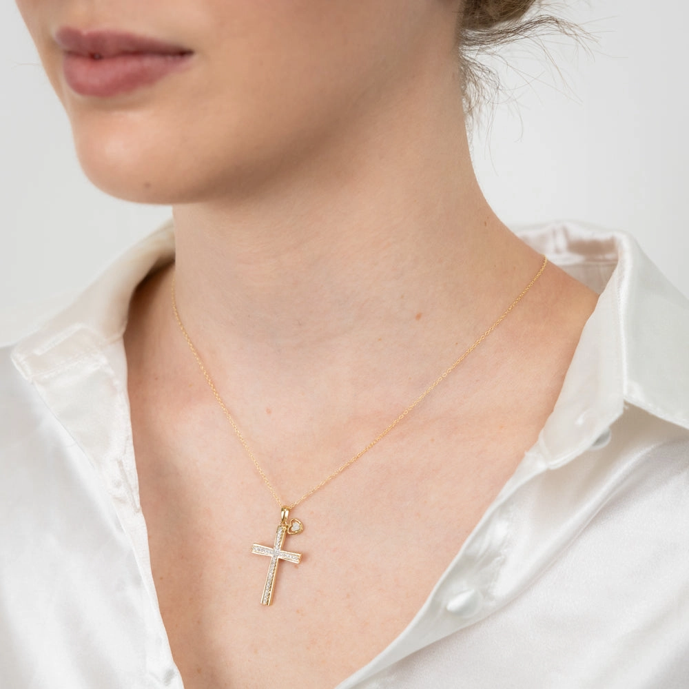 Gold Plated Sterling Silver Religious Cross and Heart Pendant on 46cm Chain