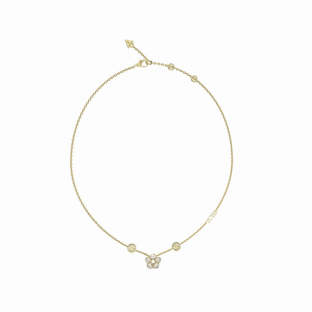 Guess Gold Plated Stainless Steel 4G Logo And Pave Flower Pendant On 16-18" Chain