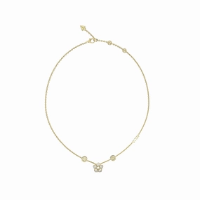 Guess Gold Plated Stainless Steel 4G Logo And Pave Flower Pendant On 16-18" Chain