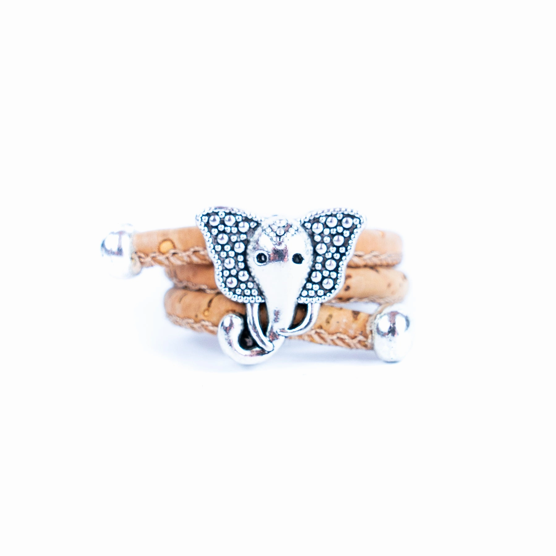 Handcrafted women's fashion ring with natural cork wire and elephant alloy hardware! RW-050-AB-10