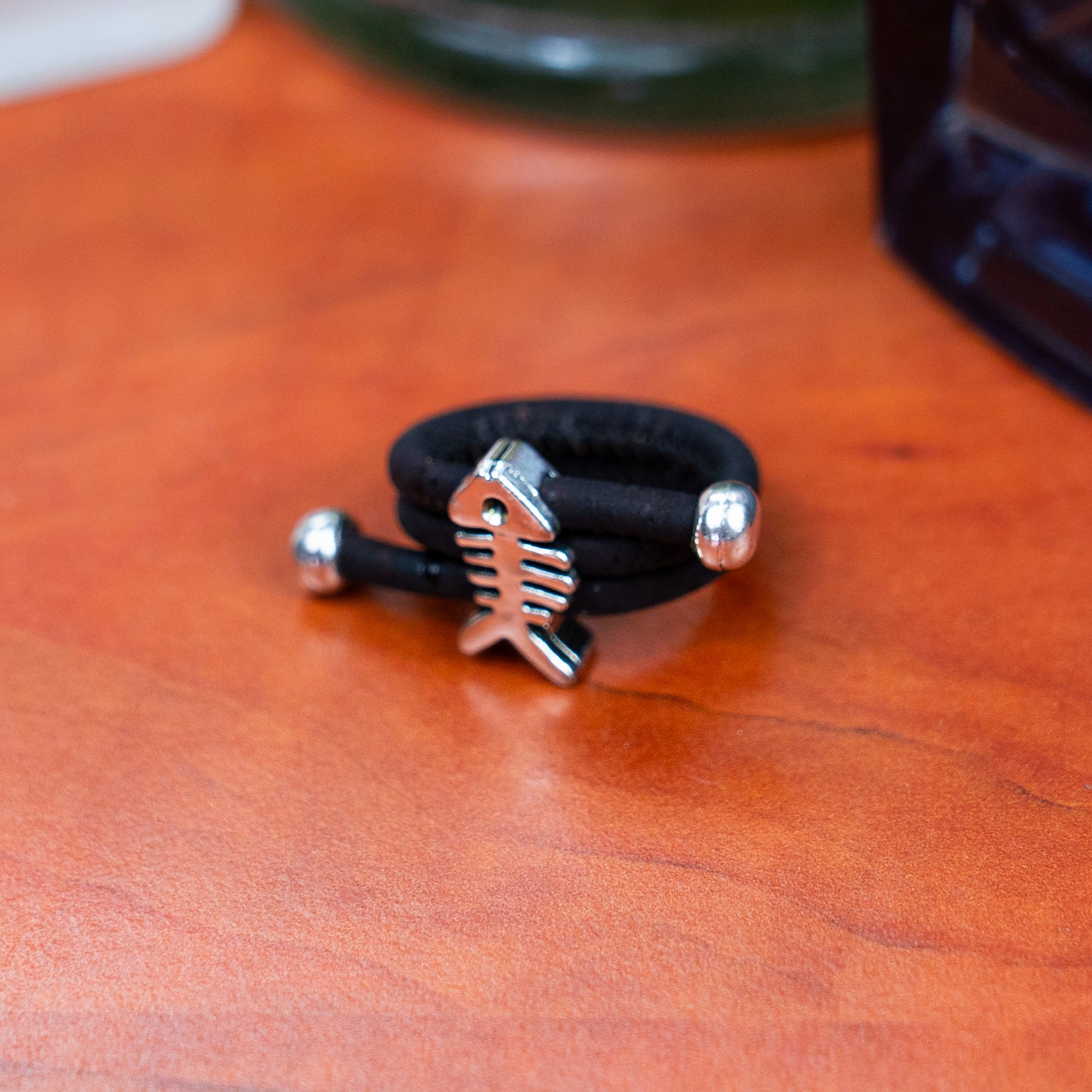 Handcrafted women's fashion ring with natural cork wire and fish alloy hardware! RW-049-AB-10
