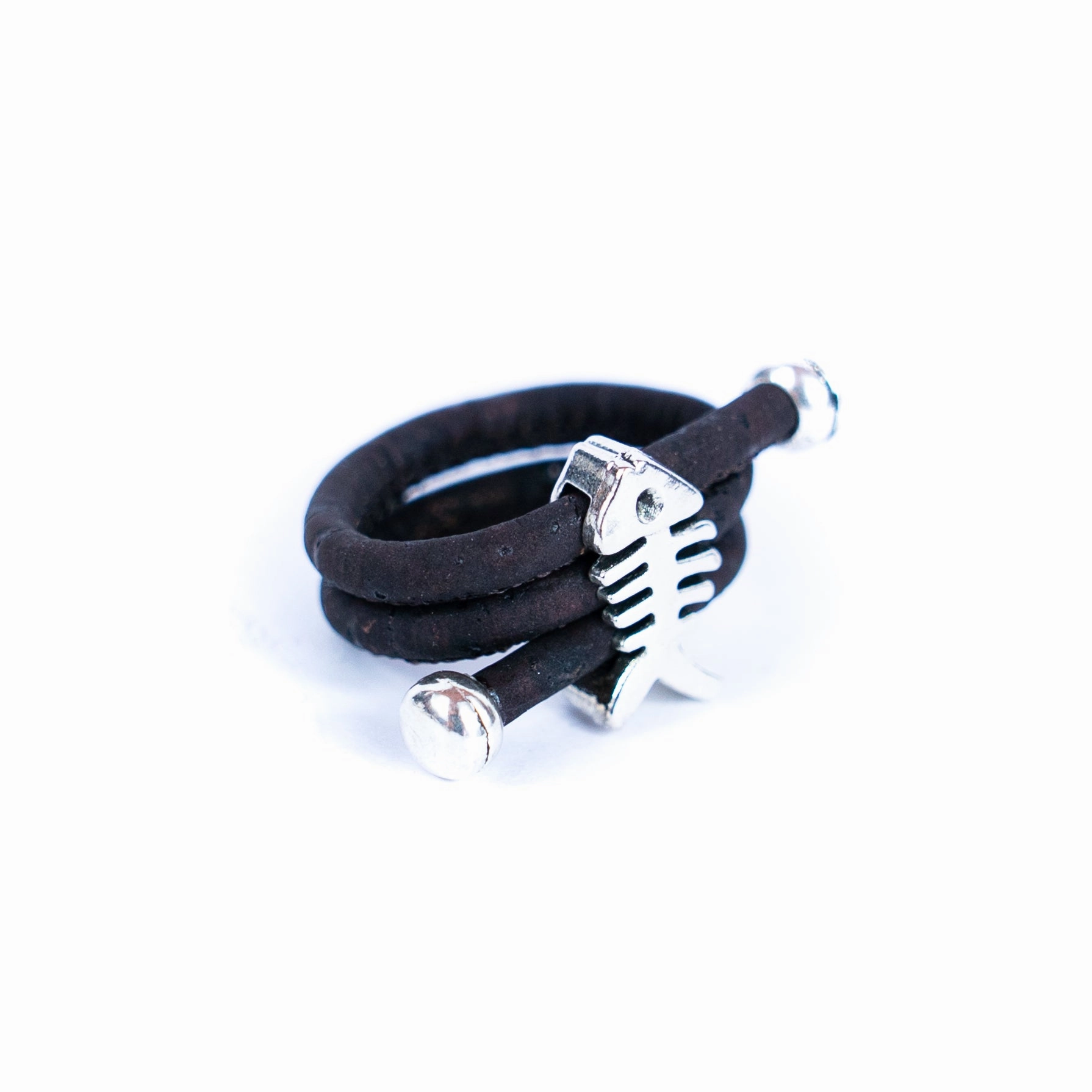 Handcrafted women's fashion ring with natural cork wire and fish alloy hardware! RW-049-AB-10