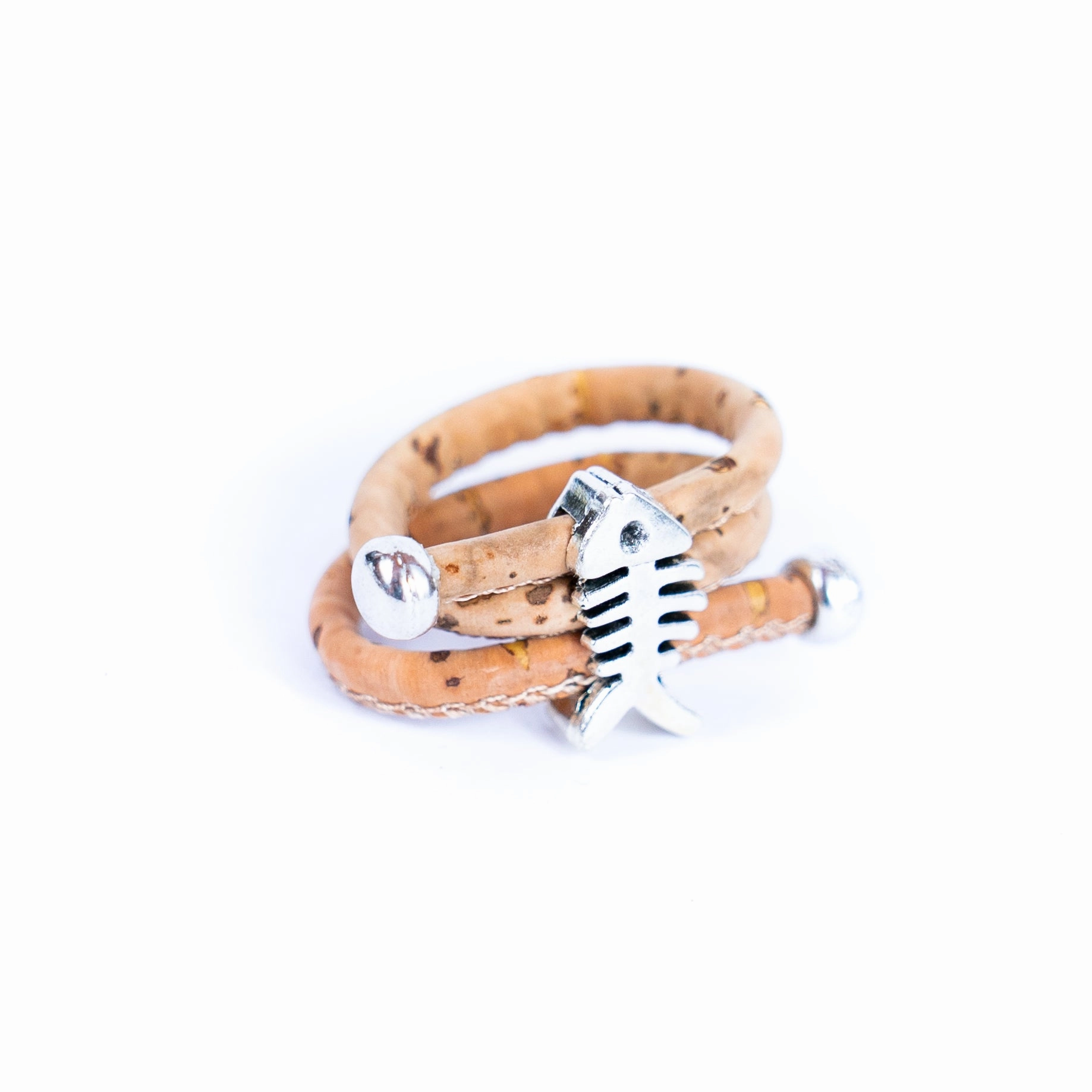 Handcrafted women's fashion ring with natural cork wire and fish alloy hardware! RW-049-AB-10