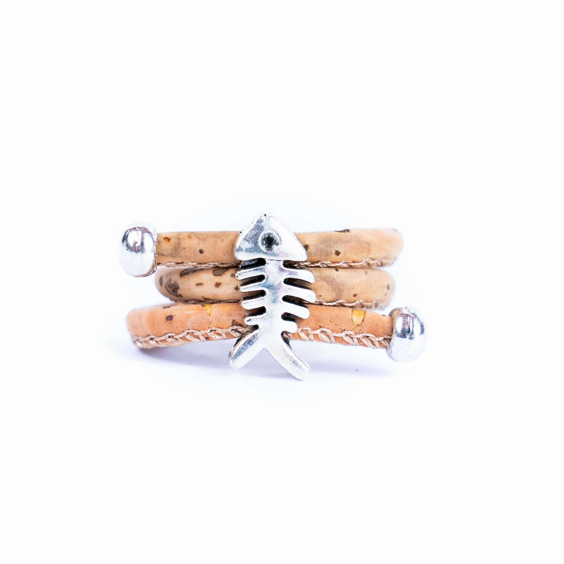 Handcrafted women's fashion ring with natural cork wire and fish alloy hardware! RW-049-AB-10
