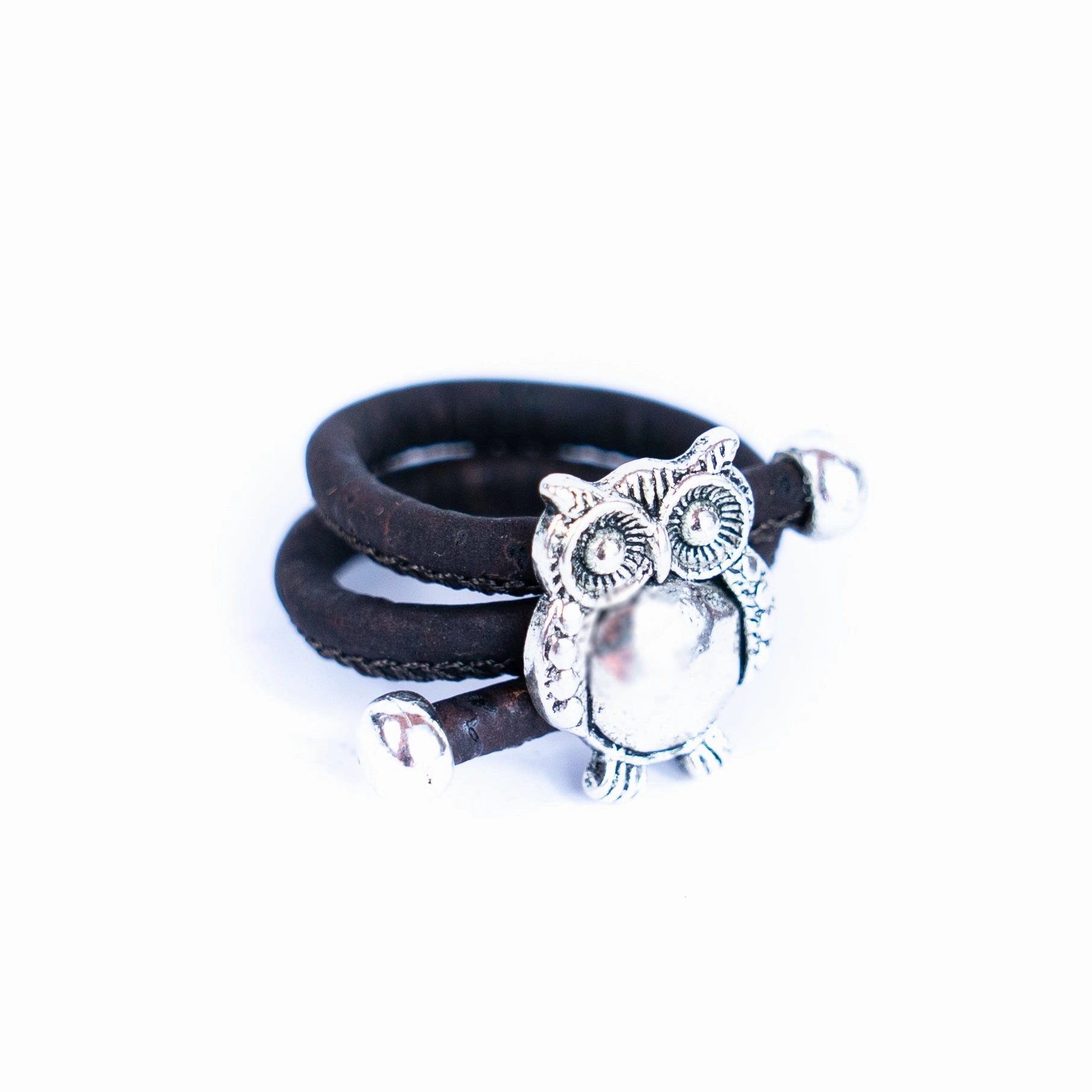 Handcrafted women's fashion ring with natural cork wire and owl alloy hardware! RW-048-AB-10