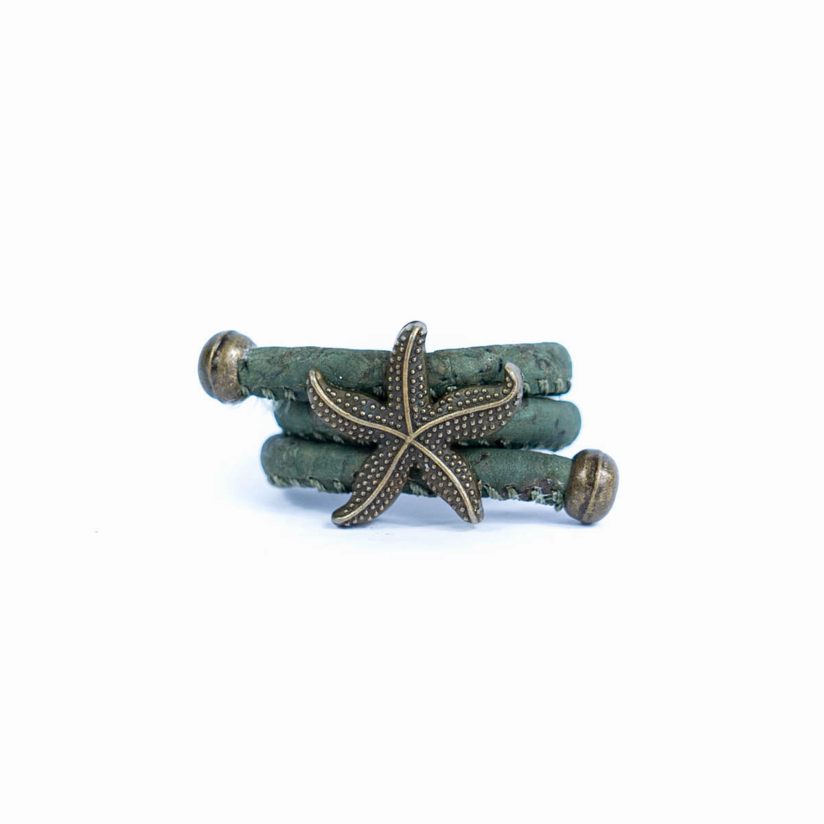 Handcrafted women's ring with natural cork cord and bronze starfish alloy hardware  RW-042