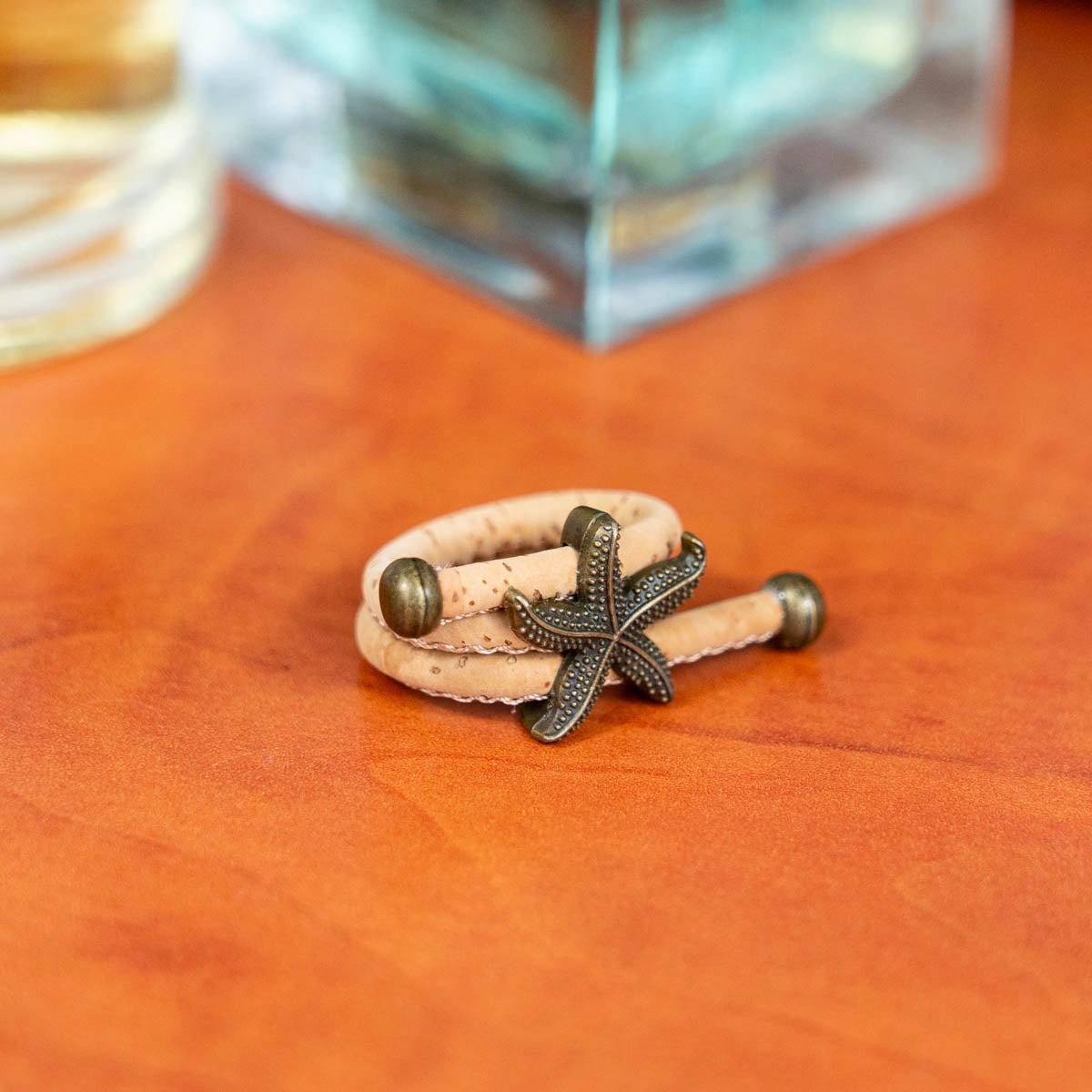 Handcrafted women's ring with natural cork cord and bronze starfish alloy hardware  RW-042