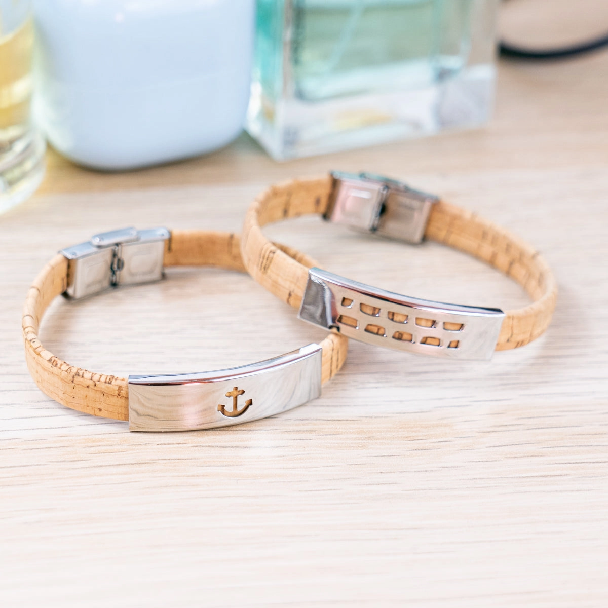 Handmade Unisex Bracelet  10mm Flat natural Cork Cord with Stainless Steel Hardware DBR-054-MIX-4
