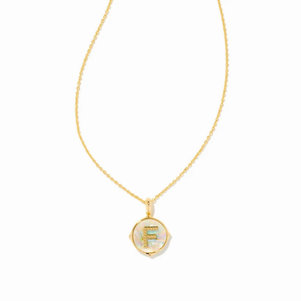 Kendra Scott Letter Gold Disc Reversible Pendant Necklace in Iridescent Abalone