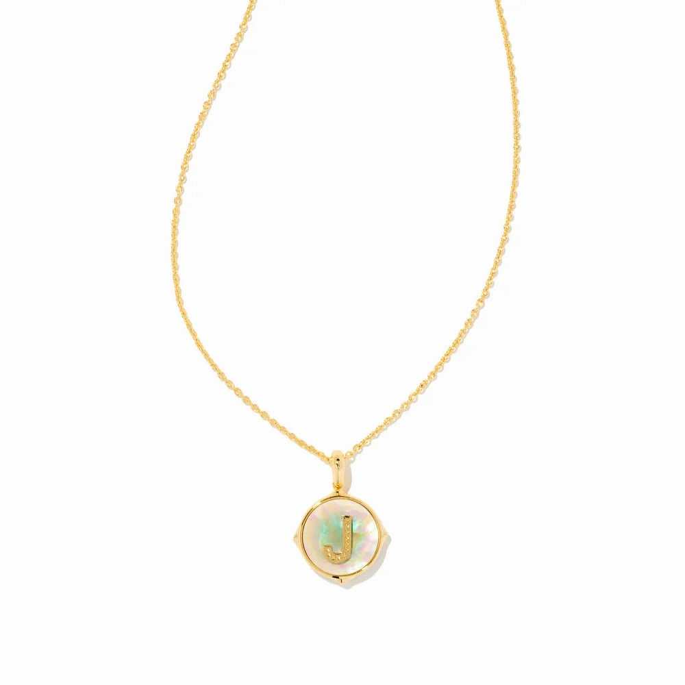 Kendra Scott Letter Gold Disc Reversible Pendant Necklace in Iridescent Abalone