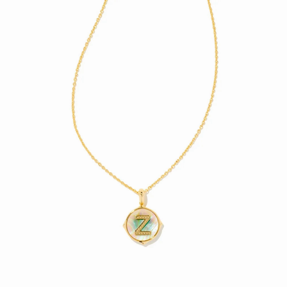 Kendra Scott Letter Gold Disc Reversible Pendant Necklace in Iridescent Abalone
