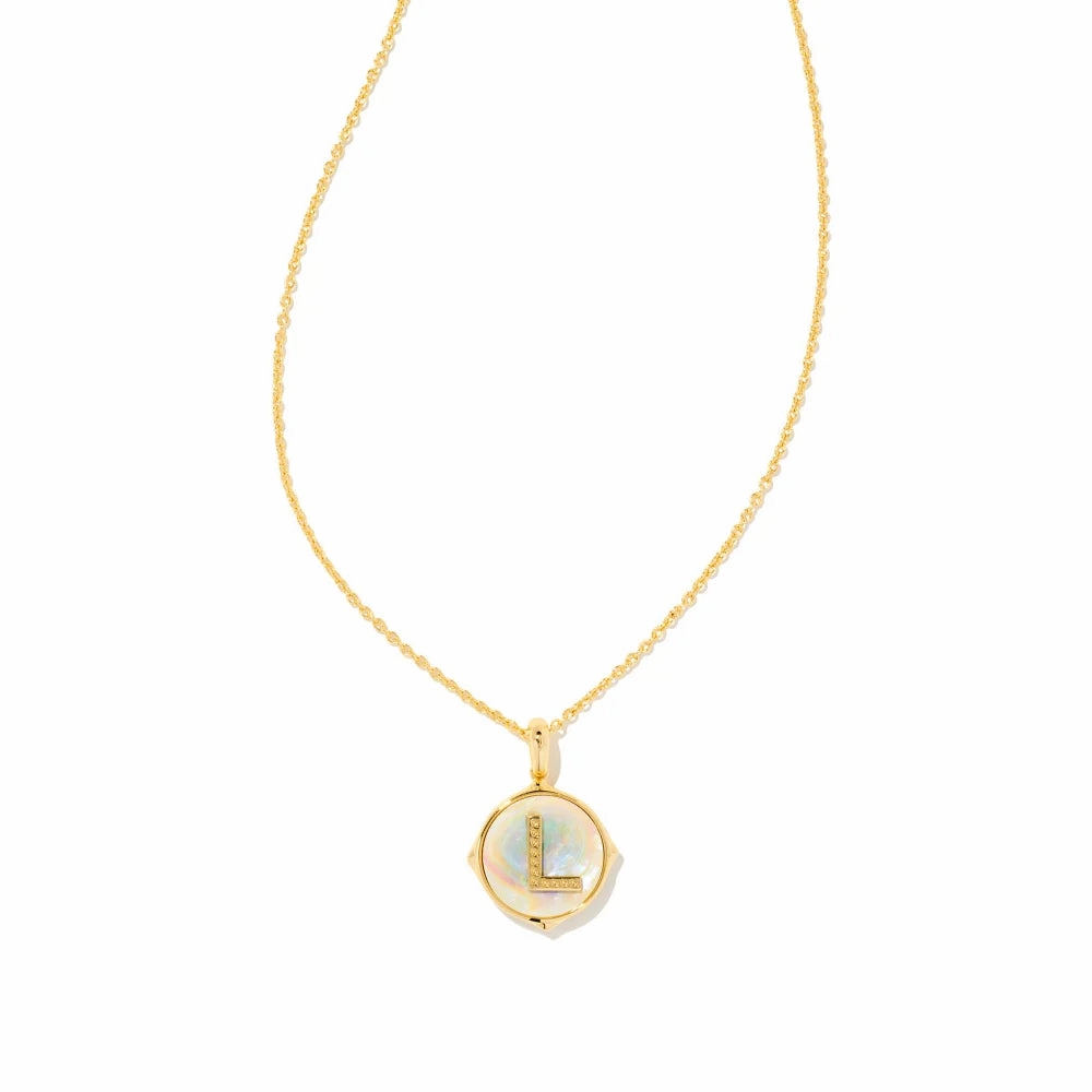 Kendra Scott Letter Gold Disc Reversible Pendant Necklace in Iridescent Abalone