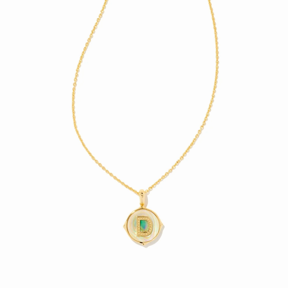 Kendra Scott Letter Gold Disc Reversible Pendant Necklace in Iridescent Abalone