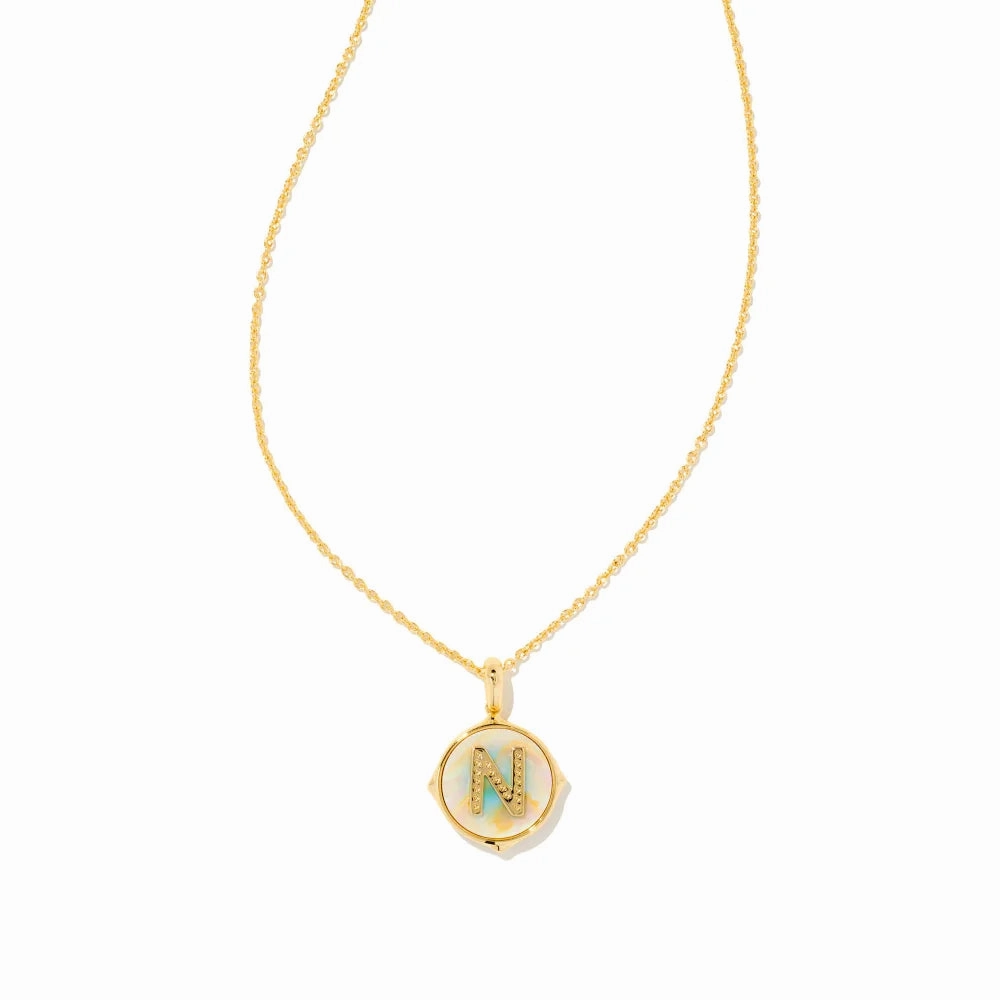 Kendra Scott Letter Gold Disc Reversible Pendant Necklace in Iridescent Abalone