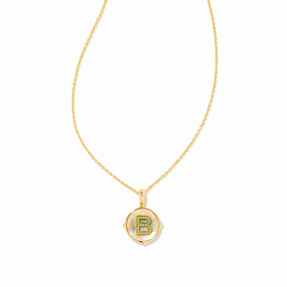 Kendra Scott Letter Gold Disc Reversible Pendant Necklace in Iridescent Abalone