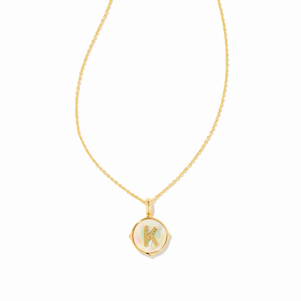 Kendra Scott Letter Gold Disc Reversible Pendant Necklace in Iridescent Abalone