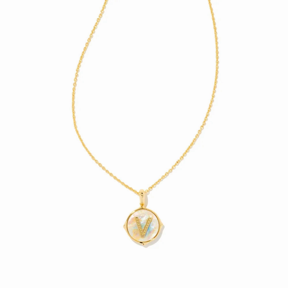 Kendra Scott Letter Gold Disc Reversible Pendant Necklace in Iridescent Abalone