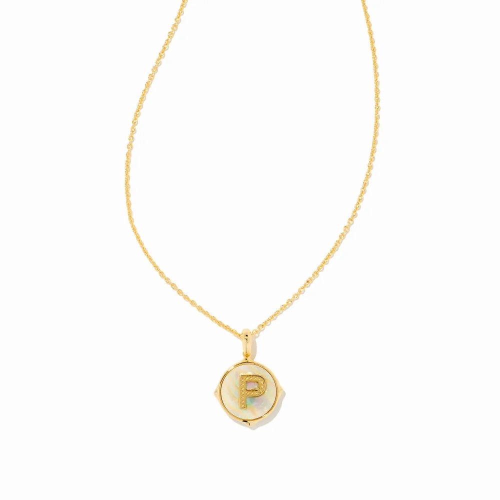 Kendra Scott Letter Gold Disc Reversible Pendant Necklace in Iridescent Abalone