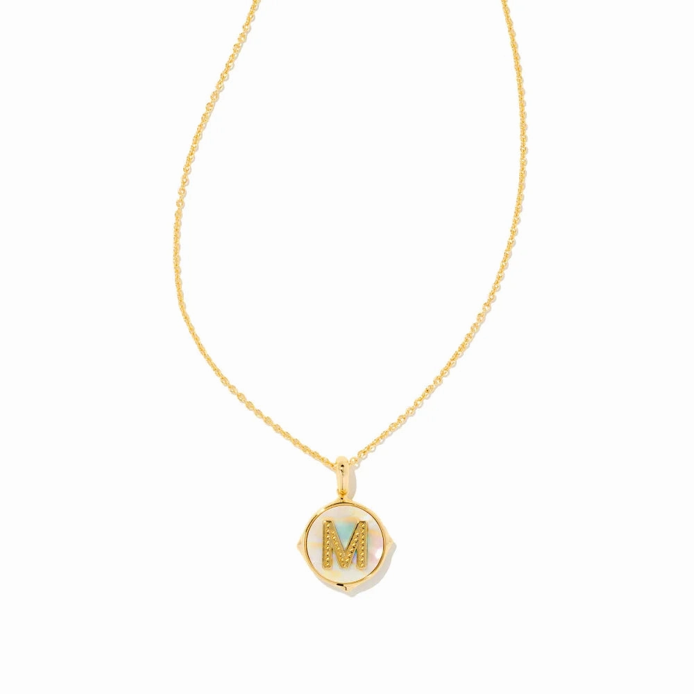 Kendra Scott Letter Gold Disc Reversible Pendant Necklace in Iridescent Abalone